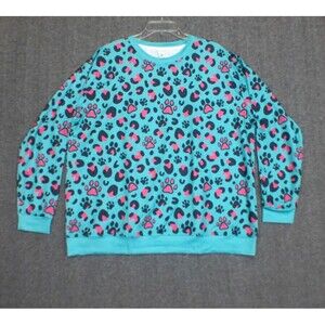Pixie Lady  1X Leopard Paw Print Lightweight Sweatshirt Turquoise Pink Black